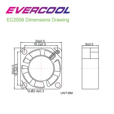 EVERCOOL 20mm x 20mm x 8mm. 고효율 팬 크기표.