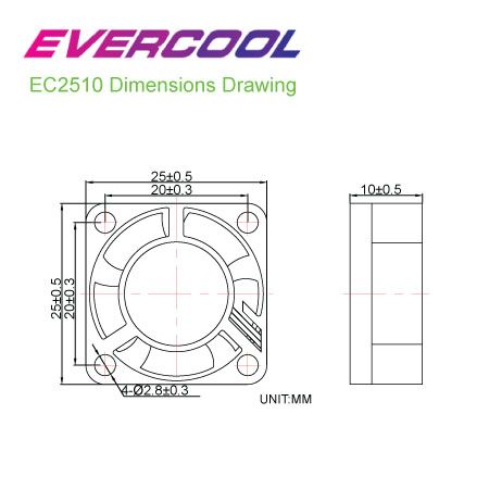 Tabla de tamaños del ventilador micro silencioso EVERCOOL de 25 mm x 25 mm x 10 mm.