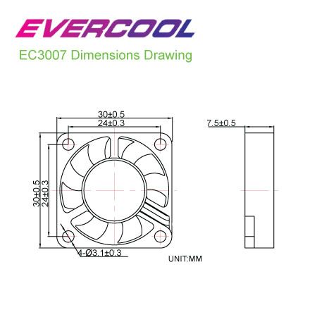Tableau des tailles des ventilateurs DC fins ECERCOOL 30mm x 30mm x 7mm.