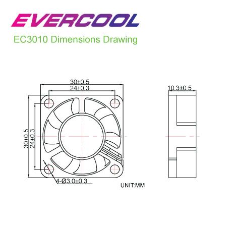 EVERCOOL 30mm x 30mm x 10mm 고품질 DC 팬 사이즈 차트.
