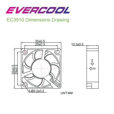 EVERCOOL 35mm x 35mm x 10mm 고품질 DC 팬 사이즈 차트.