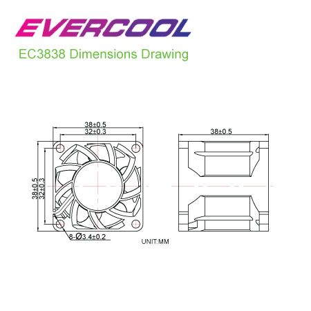 EVERCOOL 38mm x 38mm x 38mm उच्च वायु दाब वायु मात्रा DC फैन आकार चार्ट।