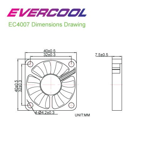 EVERCOOL 40mm x 40mm x 7mm Thin DC Fan Size Chart.