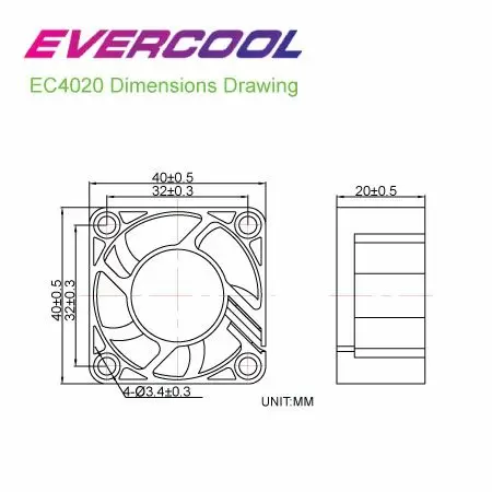 EVERCOOL مخطط حجم مروحة تيار مستمر عالية الكفاءة بحجم 40 مم × 40 مم × 20 مم.