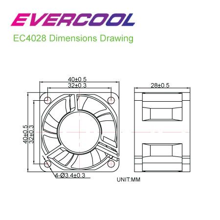 EVERCOOL 40mm x 40mm x 28mm 절전형 DC 팬 차트.