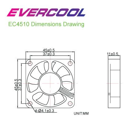 EVERCOOL Діаграма розмірів вентилятора постійного струму розміром 45 мм х 45 мм х 10 мм.