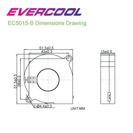 مخطط حجم مروحة EVERCOOL عالية الجودة بحجم 51.5 مم × 51.5 مم × 15.8 مم.