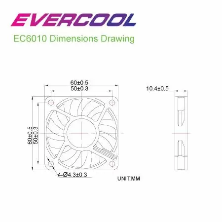 EVERCOOL 60mm x 60mm x 10mm薄型直流風扇尺寸圖。