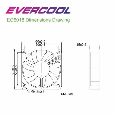 EVERCOOL 60mm x 60mm x 15mm Gráfico de tamaños del ventilador silencioso de CC.