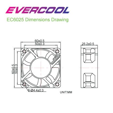 EVERCOOL 60mm x 60mm x 25mm High-Efficiency DC Fan Size Chart.