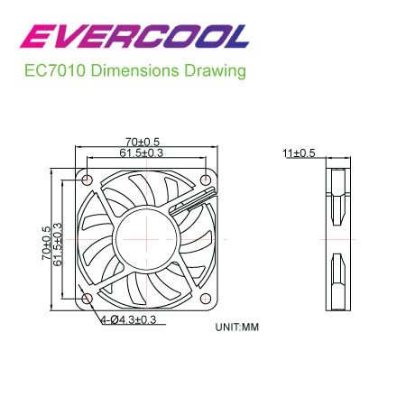 EVERCOOL 70mm x 70mm x 10mm 고품질 DC 팬 사이즈 차트.