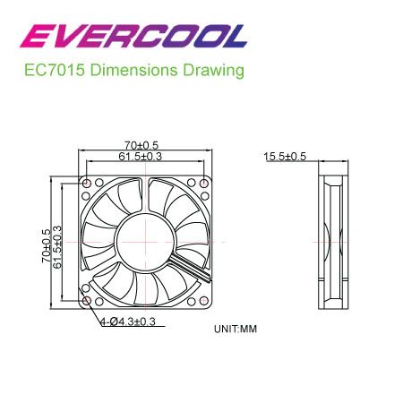 EVERCOOL 70mm x 70mm x 15mm डीसी फैन आकार चार्ट।