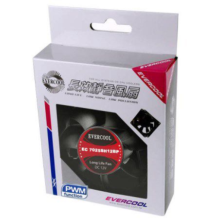 Emballage de vente au détail du ventilateur DC PWM EVERCOOL 70mm x 70mm x 25mm.