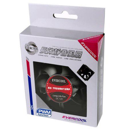 EVERCOOL 70mm x 70mm x 25mm DC PWM Fan Retail Package.