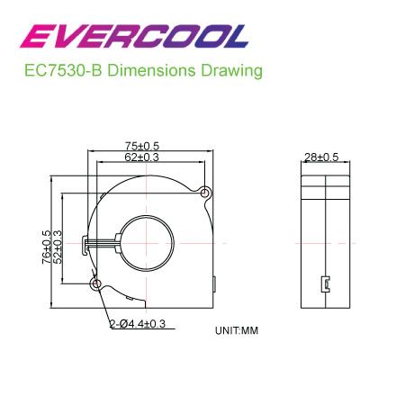 EVERCOOL 75mm x 75mm x 28mm 고품질 블로워 팬 사이즈 차트.