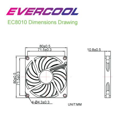 EVERCOOL 80mm x 80mm x 10mm पतला डीसी फैन आकार चार्ट।
