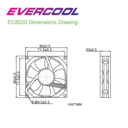 EVERCOOL 80mm x 80mm x 20mm風扇尺寸圖。