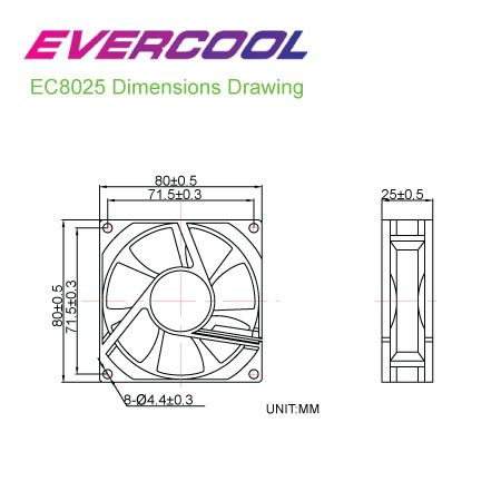 EVERCOOL 80mm x 80mm x 25mm Silent DC Fan Dimensions.