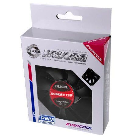 Emballage de vente au détail du ventilateur PWM DC EVERCOOL 80mm x 80mm x 25mm.