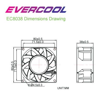 EVERCOOL 80mm x 80mm x 38mm 고압력 및 고풍량 DC 팬 치수.