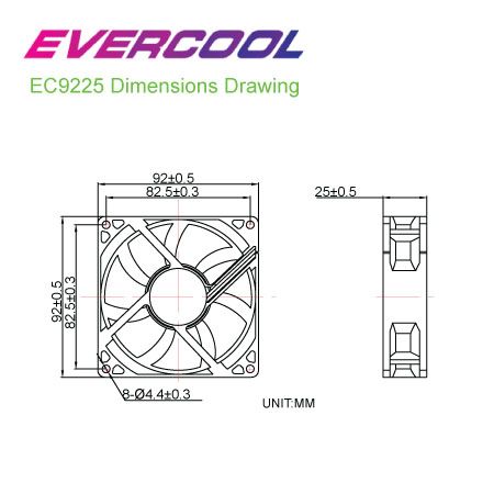 EVERCOOL Спецификации размеров высококачественного вентилятора постоянного тока.