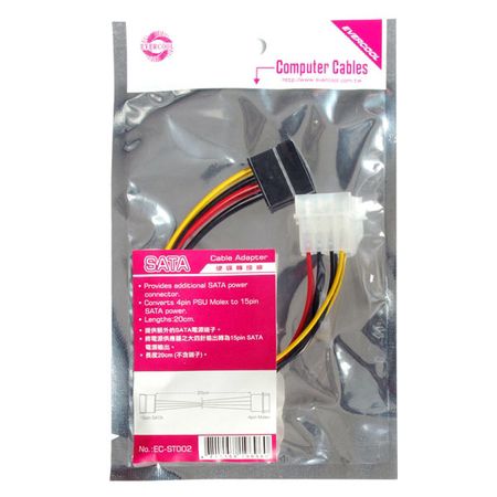 Convert the Molex 4-pin power connector to a SATA 15-pin connector to increase power supply for SATA devices.