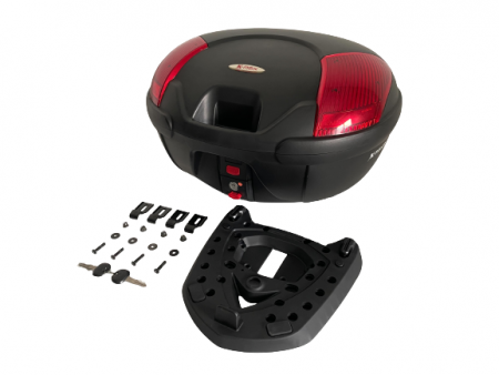 Der K-MAX K12 Motorrad-Topcase ist ausgestattet mit (1) Bodenplatte*1 Set (2) externen Aufhängeteilen*4 (3) Schrauben*4 (4) Unterlegscheiben*4 (5) Schrauben*4 (6) Schlüssel*2