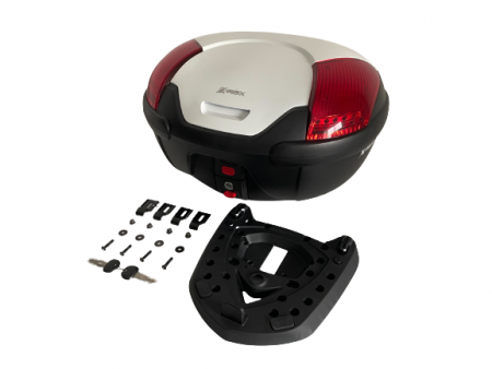 Das K-MAX K16 Motorrad-Topcase ist ausgestattet mit (1) Bodenplatte*1 Set (2) externen Aufhängeteilen*4 (3) Schraube*4 (4) Unterlegscheibe*4 (5) Schraube*4 (6) Schlüssel*2