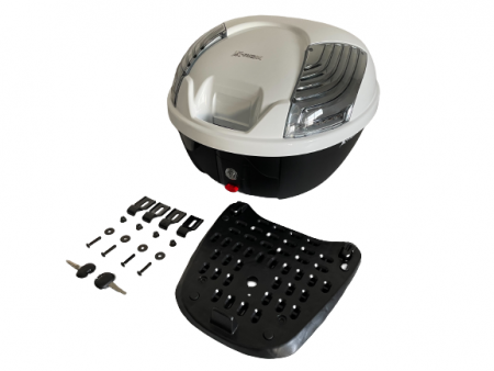 El maletero K-MAX K17 para motocicletas está equipado con (1) placa base*1 juego (2) piezas de hierro colgantes externas*4 (3) tuerca*4 (4) arandela*4 (5) tornillo*4 (6) llave*2