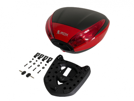 K-MAX K20バイク用トップケースには、(1) ボトムプレート*1セット (2) 外部吊り下げ金具*4 (3) ナット*4 (4) ワッシャー*4 (5) ネジ*4 (6) 鍵*2が付属しています。