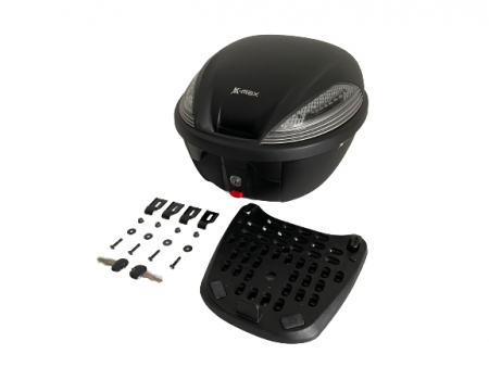 Das K-MAX K25 Motorrad-Topcase ist ausgestattet mit (1) Bodenplatte*1 Set (2) externen Aufhängeteilen*4 (3) Schraube*4 (4) Unterlegscheibe*4 (5) Schraube*4 (6) Schlüssel*2