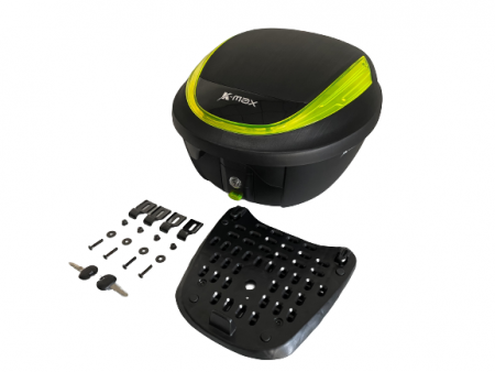 Il top case K-MAX K30 per moto è dotato di (1) piastra inferiore*1 set (2) pezzi di ferro esterni appesi*4 (3) dado*4 (4) rondella*4 (5) vite*4 (6) chiave*2