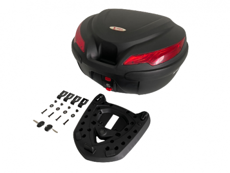 La caja superior de motocicleta K-MAX K22 está equipada con (1) placa base*1 juego (2) piezas de hierro colgantes externas*4 (3) tuerca*4 (4) arandela*4 (5) tornillo*4 (6) llave*2