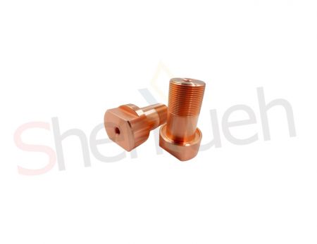 Electric conductive connection poles have fine processed surfaces made of red copper, with excellent conductive properties for use in semiconductor devices.