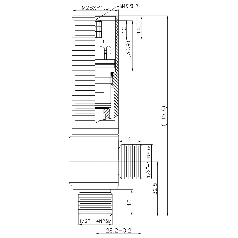 1/2 Inci Setengah SV112 Tipe Badan Samping M28XP1.5 Benang Badan 1/2"-14NPSM Masukan 1/2"-14NPSM Keluaran Katup Kasar yang Luas