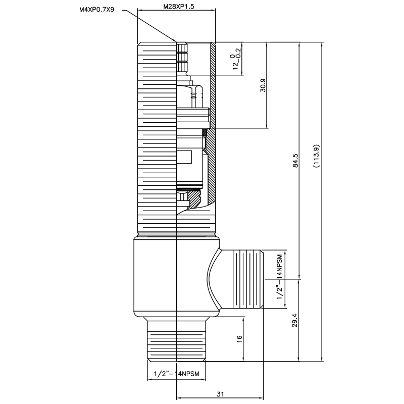 1/2 Inci Setengah SV169 Tipe Badan Samping M28XP1.5 Benang Badan 1/2"-14NPSM Masukan 1/2"-14NPSM Keluaran Katup Kasar yang Luas