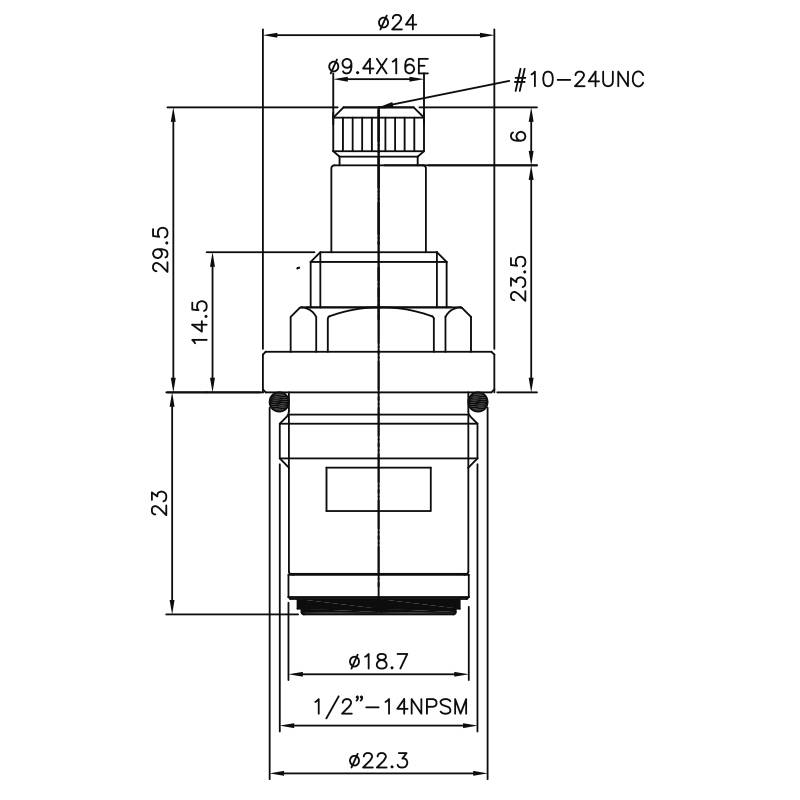1/2 Rubinetto a due maniglie in ottone H03 Tipo 9.4 X 16E Denti 264 Tipo di broccatura 1/2"-14NPSM Gira in senso orario a 90 gradi Chiudi Cartuccia ceramica