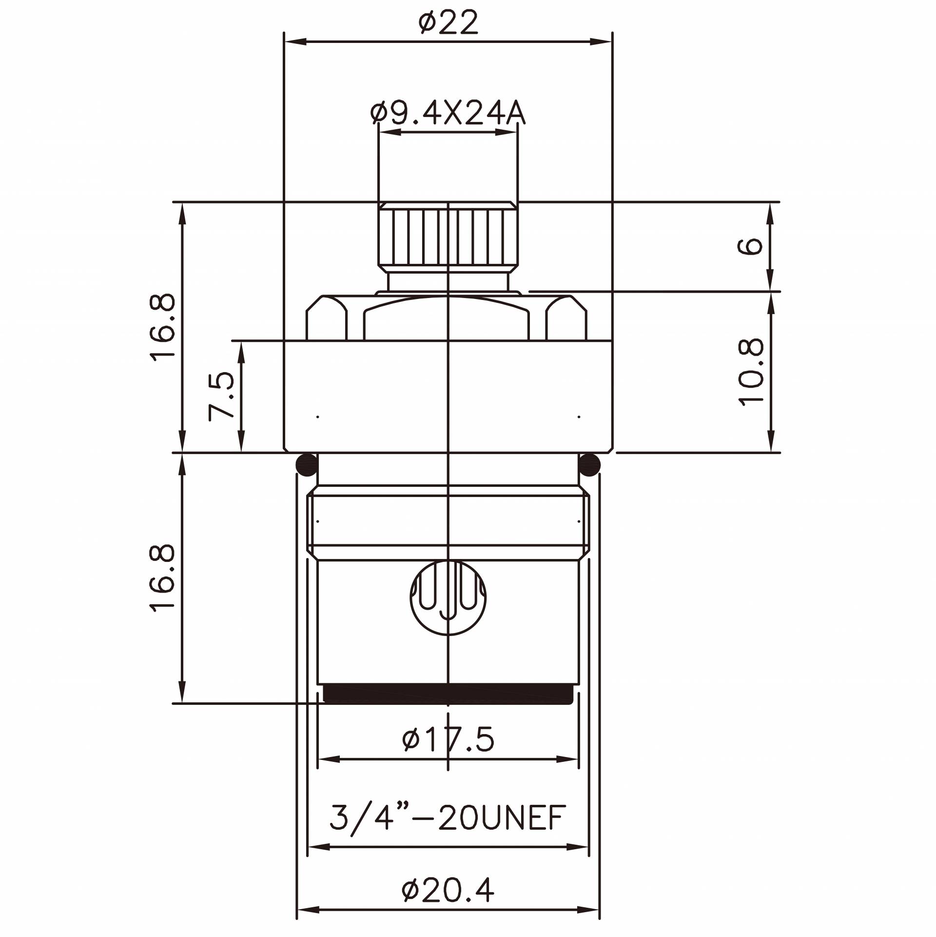 Rubinetto a due maniglie in ottone da 3/8 pollici, tipo HBB, cromato, con denti 9.4 X 24A, tipo di scanalatura 274, filettatura 3/4"-20UNEF, chiusura a 90 gradi in senso orario, cartuccia ceramica