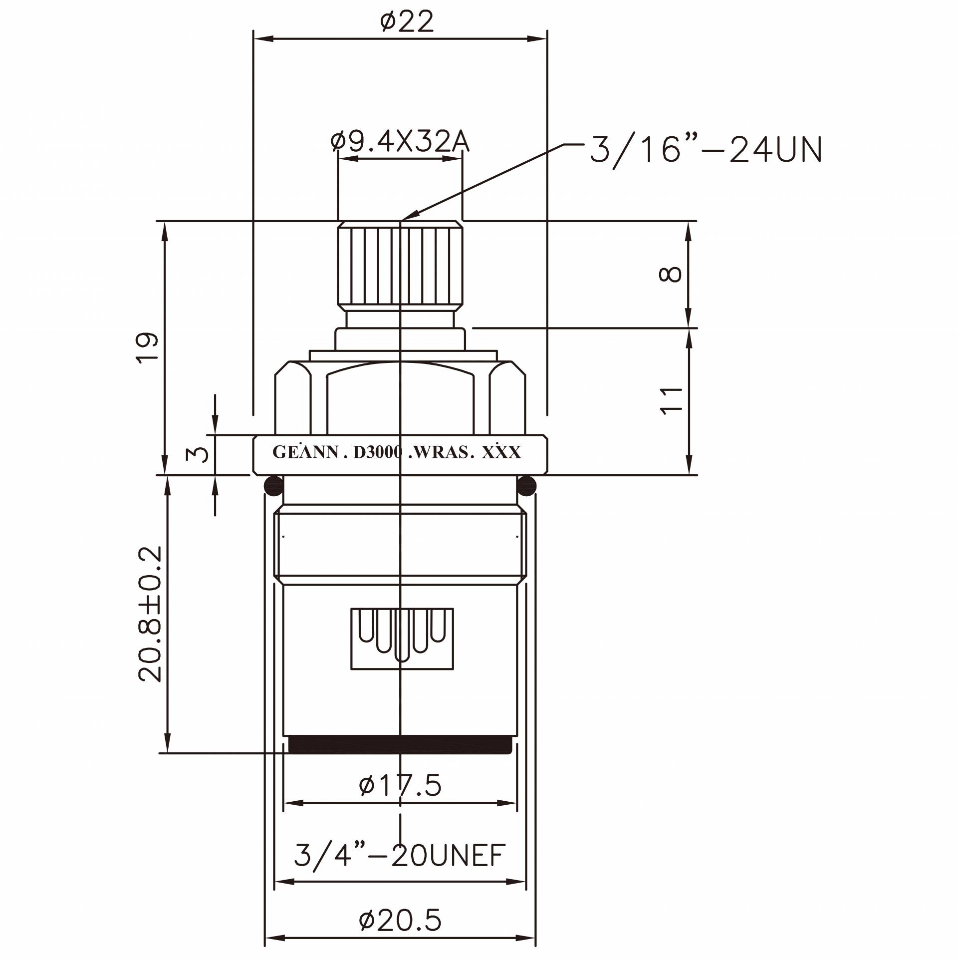 Rubinetto in ottone a due maniglie da 3/8 pollici Tipo HCC 9.4 X 32A Denti 326 Tipo Broach 3/4"-20UNEF Chiusura a 90 gradi in senso orario Cartuccia ceramica