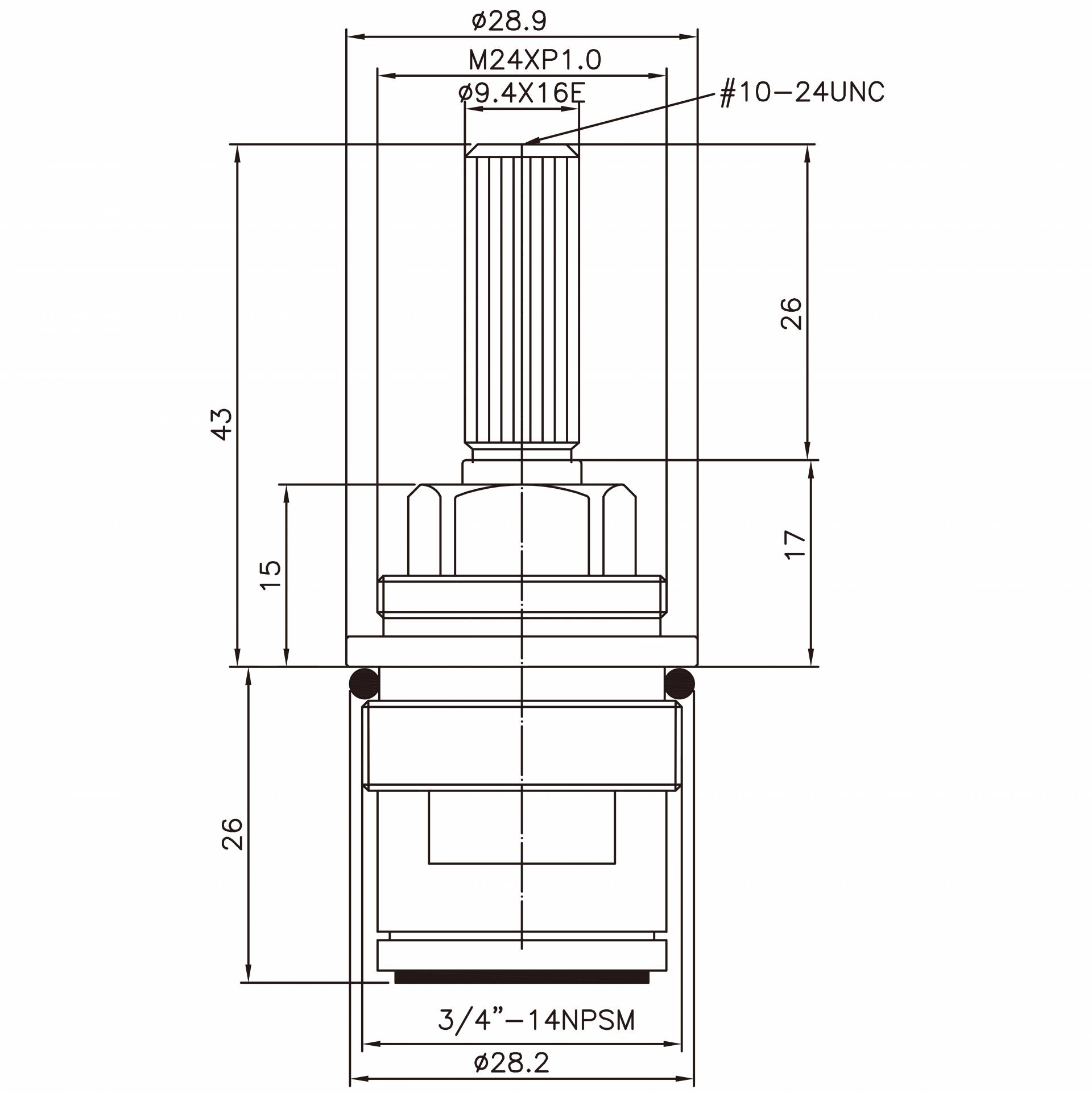 Diagram Dimensional dari keran dua pegangan 90 derajat 3/4"-14 NSPM dengan cartridge kuningan.