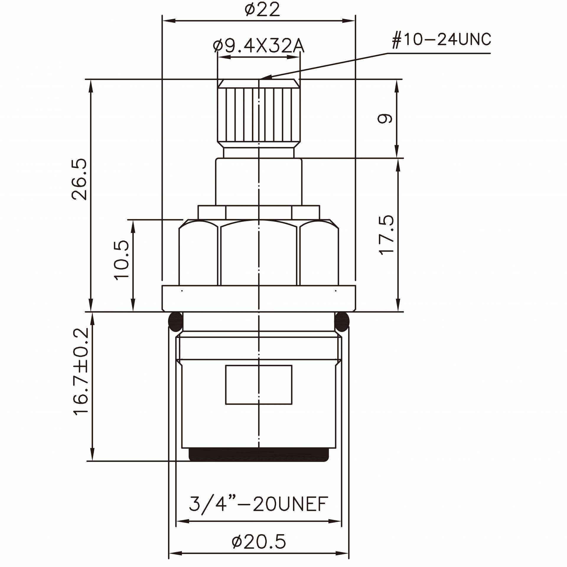 Rubinetto in ottone a due maniglie da 3/8 pollici Tipo HCK 9.4 X 32A Denti 344 Tipo Broach 3/4"-20UNEF Chiusura a 90 gradi in senso orario Cartuccia ceramica