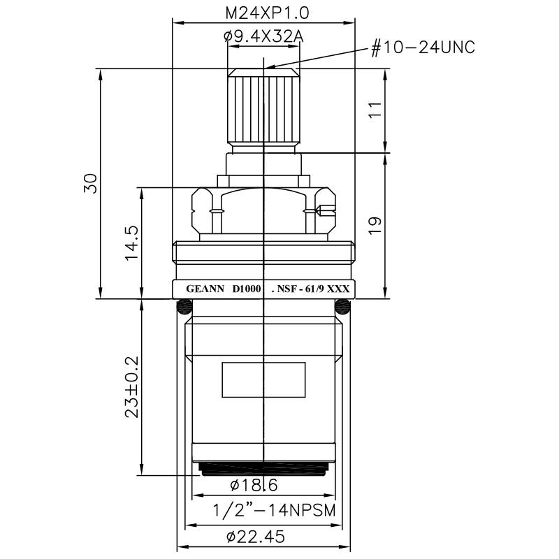 Robinet en laiton à deux poignées de 1/2 pouce de type HDP sans plomb, cartouche en céramique, dents 9.4 X 32A, type broche 422, 1/2"-14NPSM, fermeture à 90 degrés dans le sens des aiguilles d'une montre.
