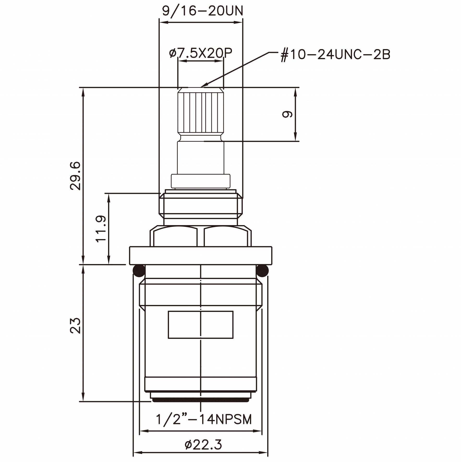 صنبور نصف بوصة من النحاس بمقبضين من النوع HFM لغسيل الرصاص بأسنان 7.5 × 20P ونوع البروش 487 ومقاس 1/2 بوصة - 14NPSM ودوران بزاوية 90 درجة في اتجاه عقارب الساعة للإغلاق وكرتشر سيراميك
