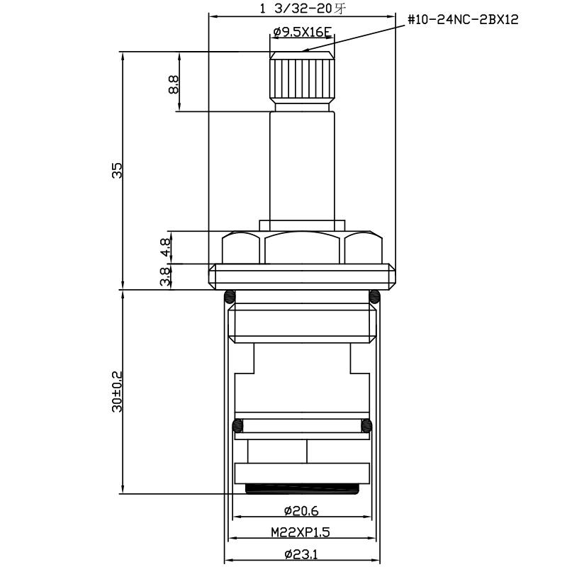 Cartuccia deviatrice da vasca e doccia in ottone da 1/2 pollice 65mm a 2 vie
