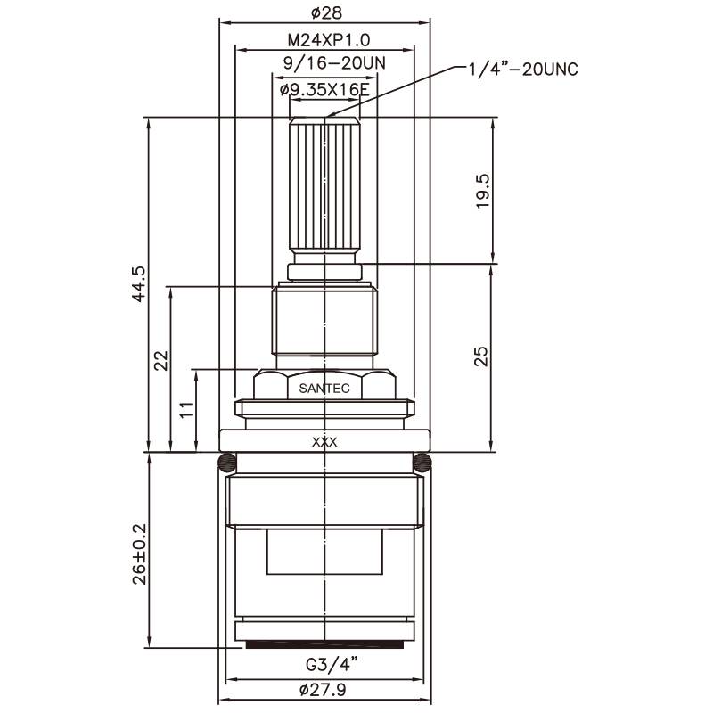 Keran Dua Pegangan Kuningan 3/4 Inci Tipe HHD 9.35 X 16E Gigi 418 Tipe Broach G3/4" Putaran 90 Derajat Searah Jarum Jam Menutup Kartrid Keramik
