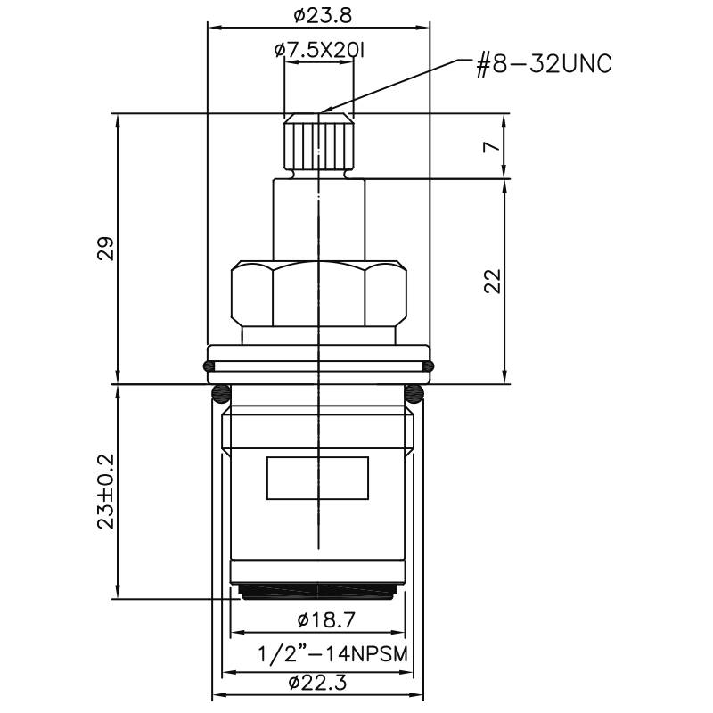 Rubinetto a due maniglie in ottone da 1/2 pollice tipo HI 7,5 X 20I Denti tipo 148 Tipo di scanalatura 1/2"-14NPSM Gira in senso orario a 90 gradi Chiudi la cartuccia ceramica