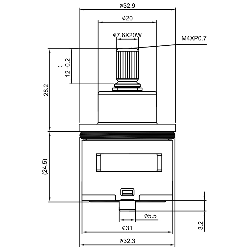 Cartuccia deviatore in ottone HND tipo laser da 31 mm, 2 porte, 2 funzioni, 20 denti, tipo 818, 32,3 mm, deviazione a 45 gradi.
