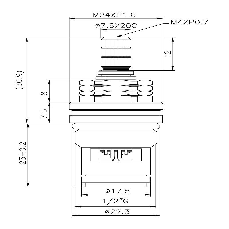 Vòi nước đồng hai tay 3/8 inch loại HNI 7.6 X 20C răng 854 loại broach 1/2"G đóng xoay 90 độ bằng cartridge gốm