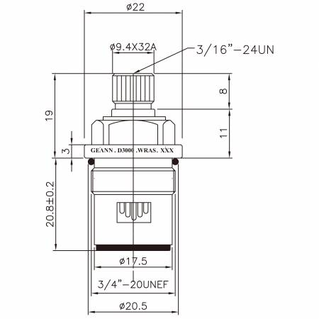 3/8 Three Eight Inch Brass Two Handle Faucet HCC Type 9.4 X 32A Teeth 326 Broach Type 3/4"-20UNEF 90 Degree Clockwise Turn Close Ceramic Cartridge - 3/8 Three Eight Inch Brass Two Handle Faucet HCC Type 9.4 X 32A Teeth 326 Broach Type 3/4"-20UNEF 90 Degree Clockwise Turn Close Ceramic Cartridge
