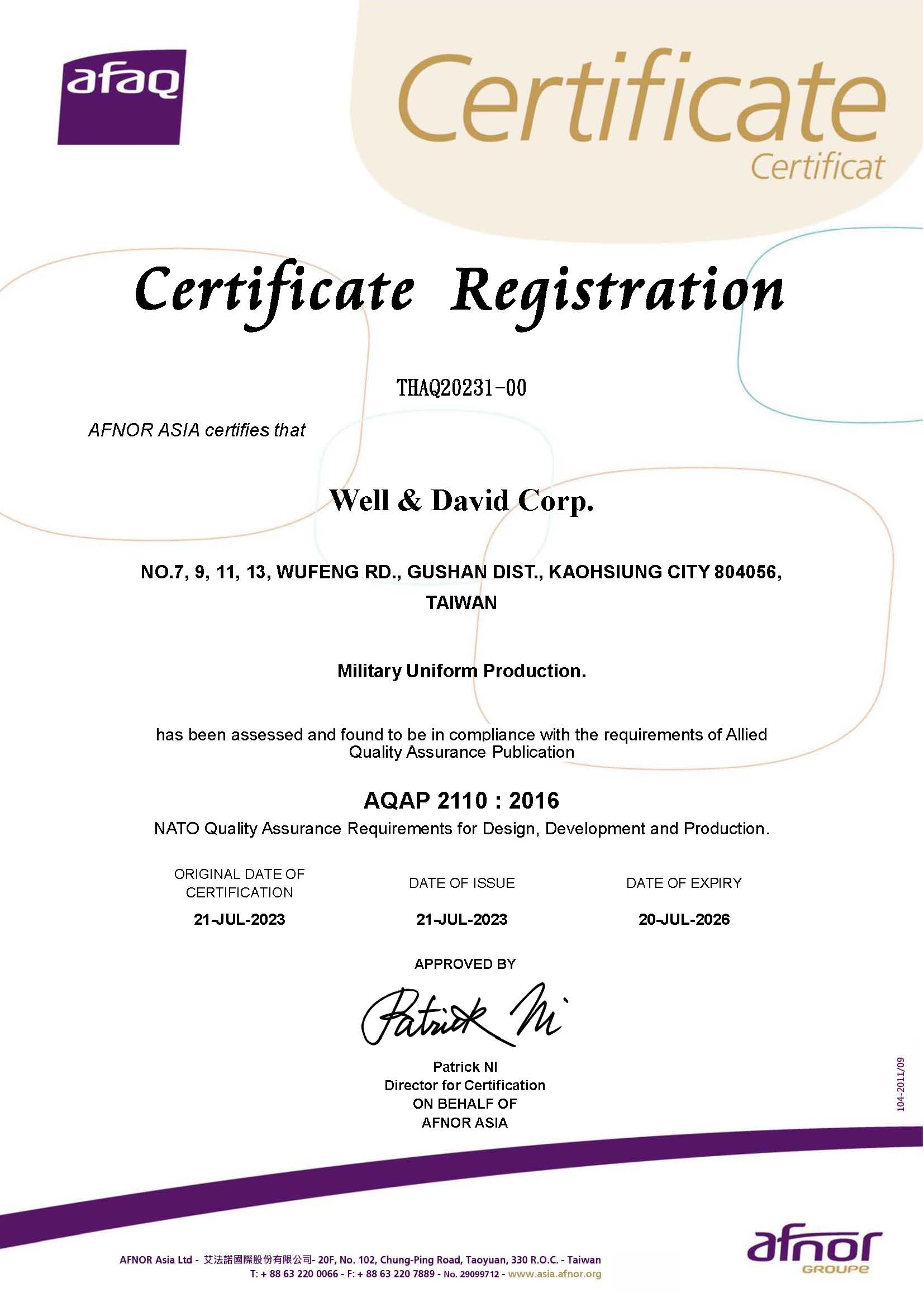 Certification AQAP 2110 : 2016